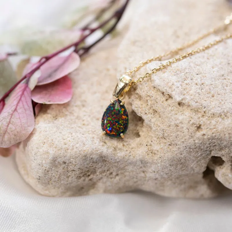 Yellow Gold Plated Teardrop Black Opal 7X10mm Pendant