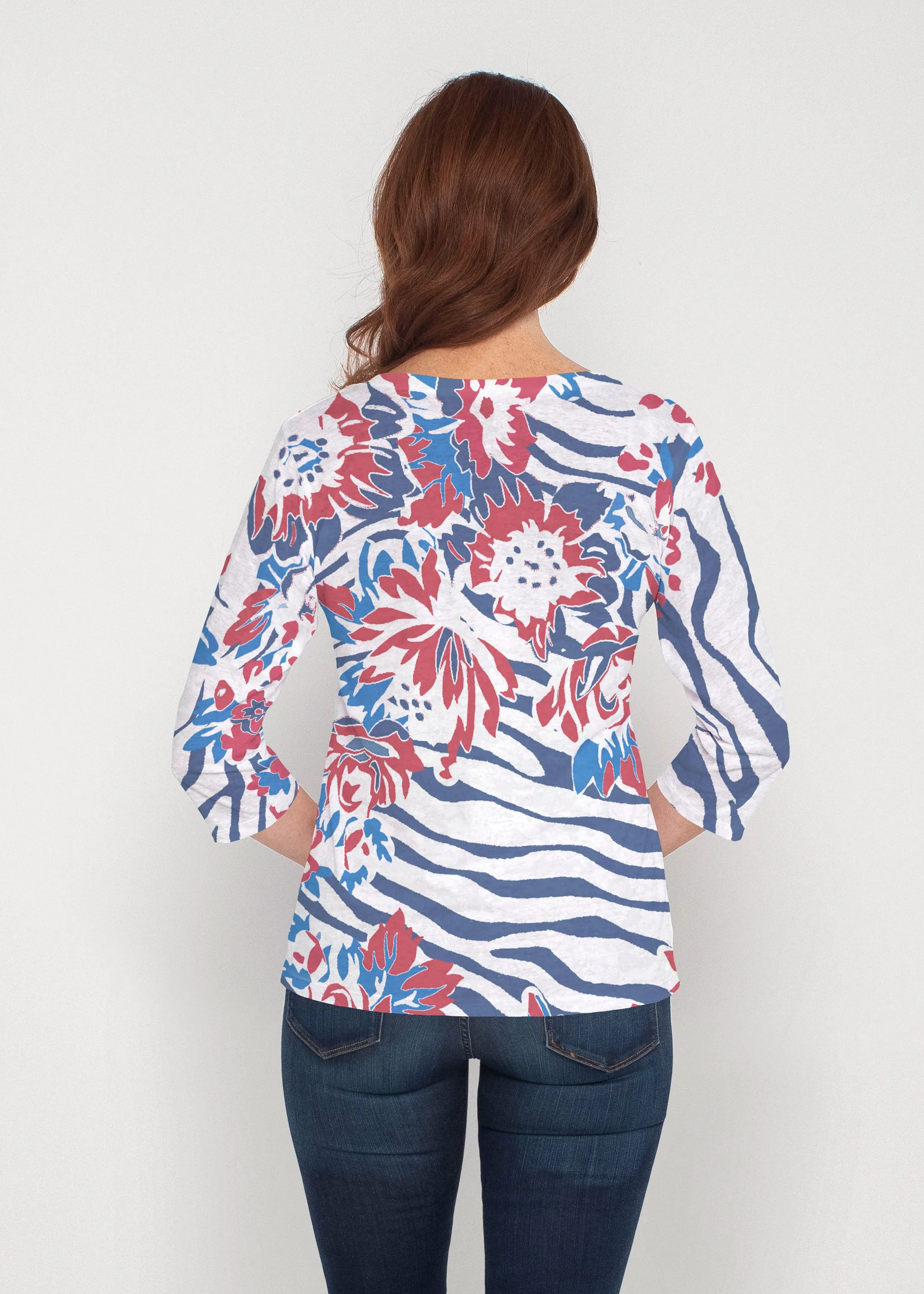Zebra Posy Red-Blue (8132) ~ Signature 3/4 Sleeve V-Neck Top