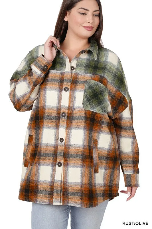 ZENANA Plus Oversized yarn Dyed Plaid Longline Shacket
