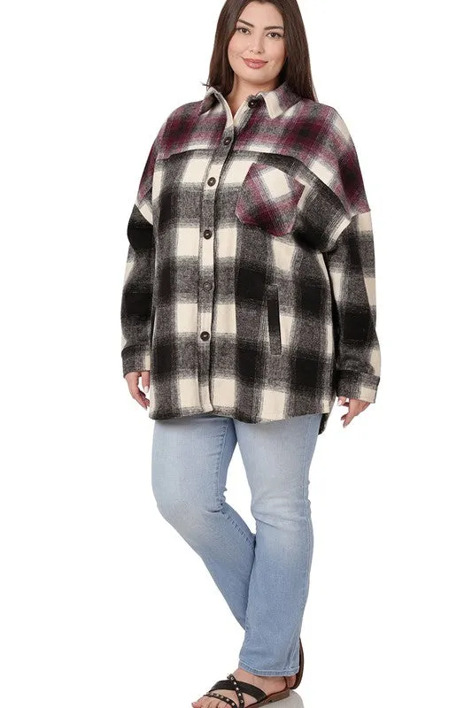 ZENANA Plus Oversized yarn Dyed Plaid Longline Shacket